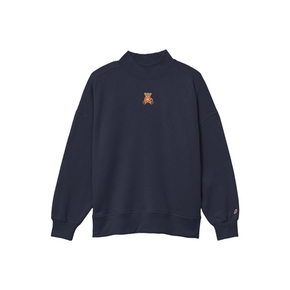 A dark navy blue crewneck sweatshirt with a small embroidered teddy bear graphic on the center chest, displayed on a clean white background.