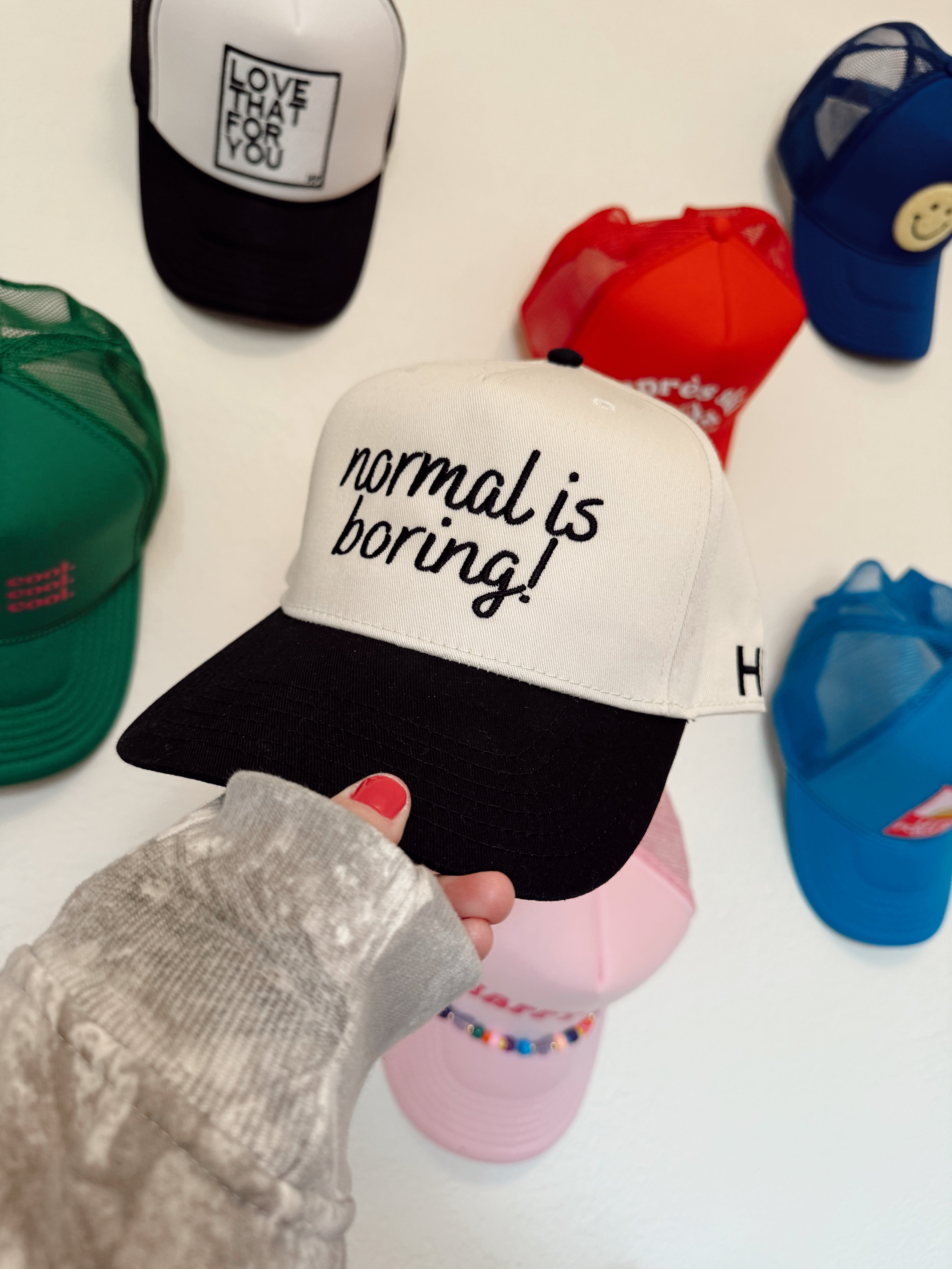 normal is boring! canvas trucker hat